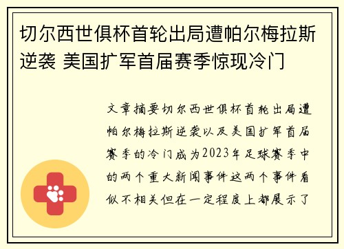 切尔西世俱杯首轮出局遭帕尔梅拉斯逆袭 美国扩军首届赛季惊现冷门
